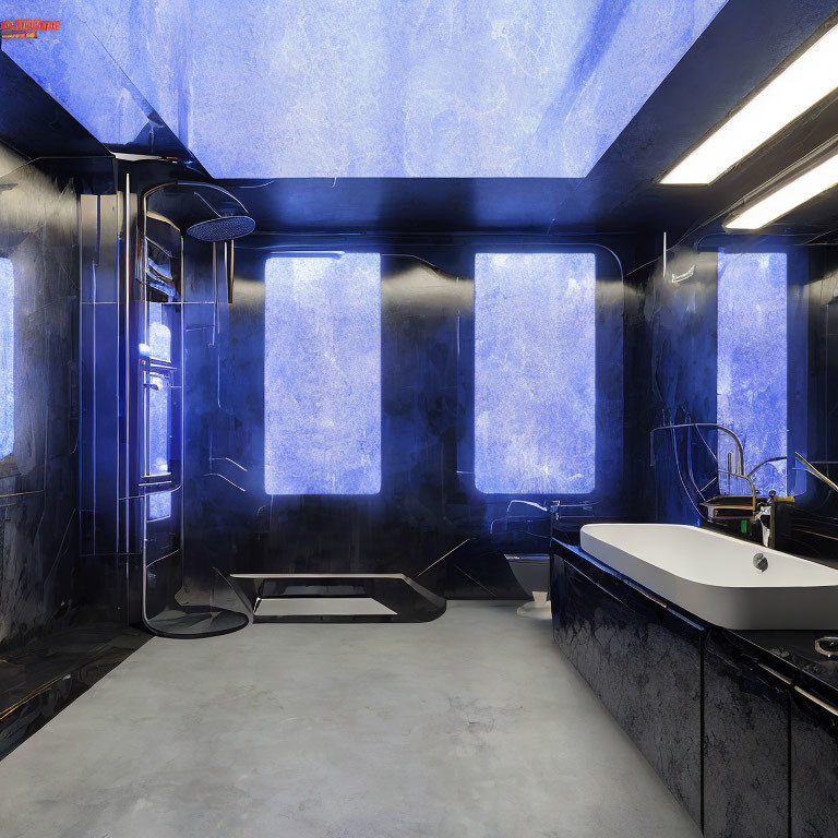 Modern bathroom with blue lighting, textured walls, sleek bathtub, shower cabin, washbasin, and