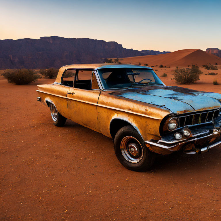 Classic Yellow Car in Desert with Sand Dunes and Blue Sky