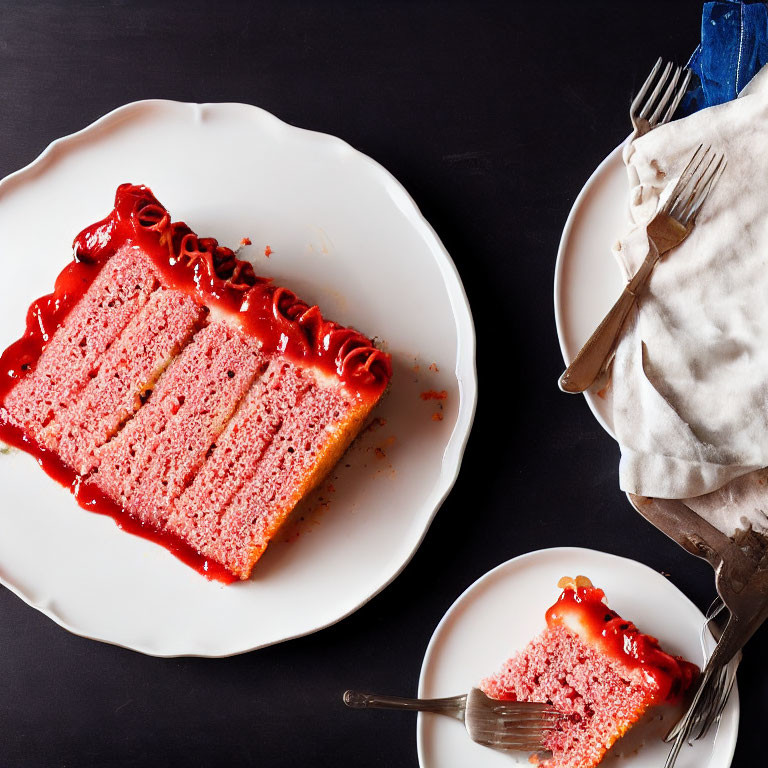 Pink Layered Cake with Red Icing on White Plate and Fork on Black Background