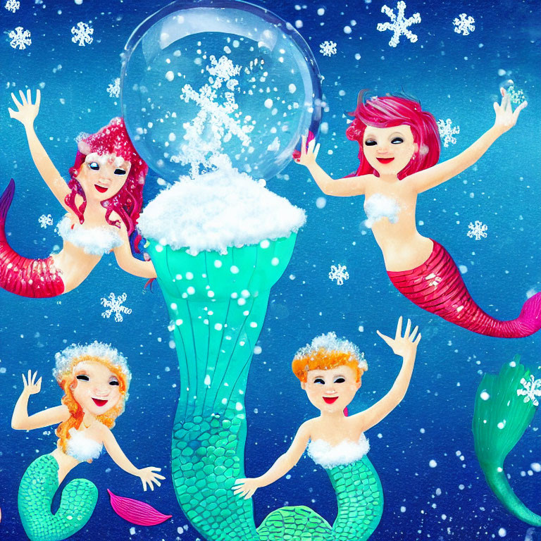 Animated mermaids and jellyfish in snowy undersea scene