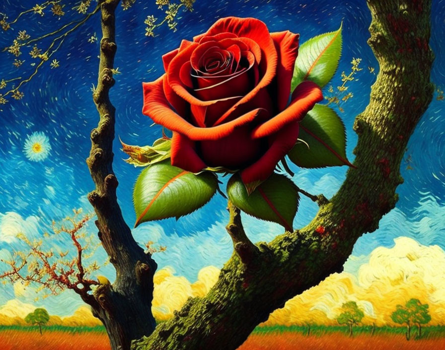 Vibrant red rose blooming on gnarled tree branch in surreal landscape