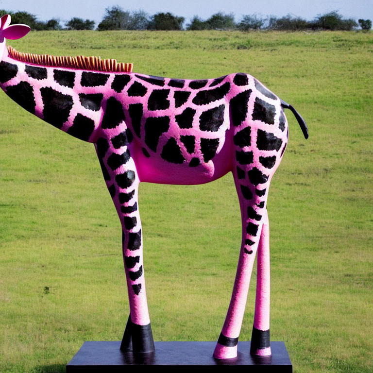 Colorful Giraffe Sculpture on Black Pedestal in Green Landscape