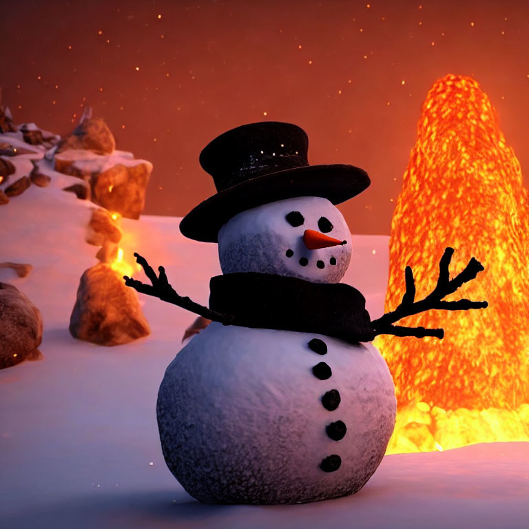 Snowman with top hat and carrot nose in snowy landscape with lava eruption in the background