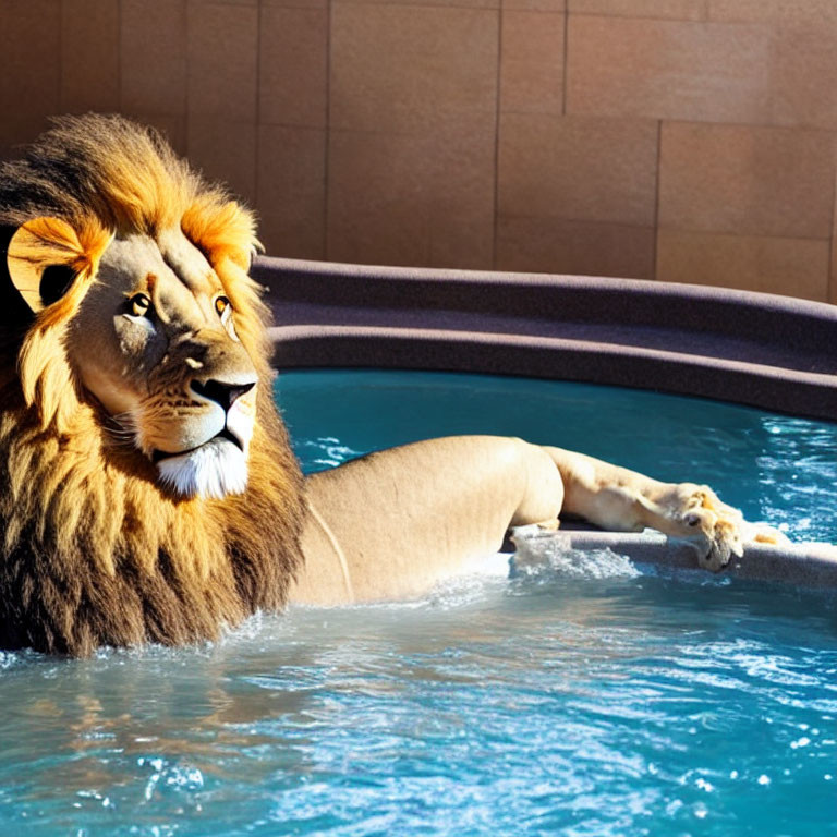 Majestic lion with full mane in clear water resting at pool edge