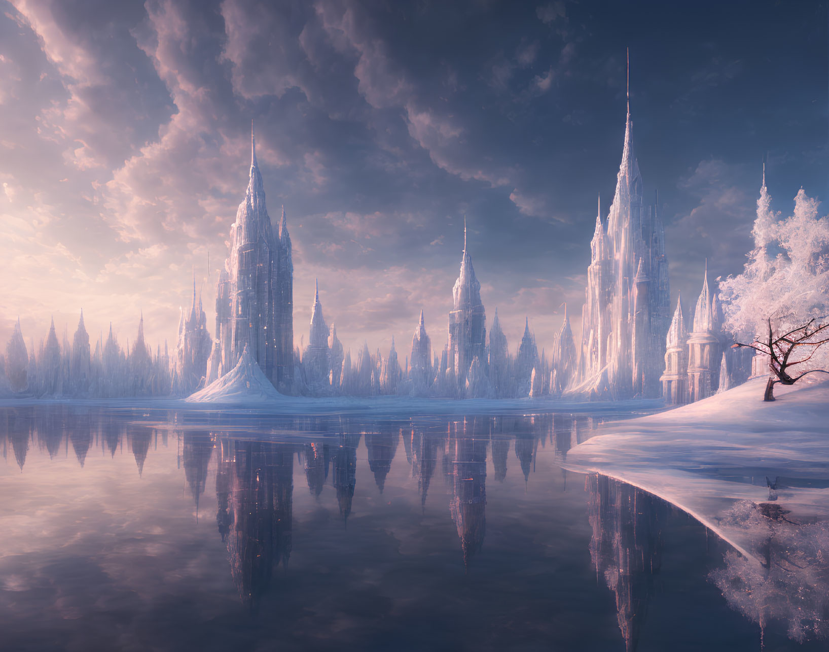 Fantasy landscape with frost-covered spires reflected in tranquil lake