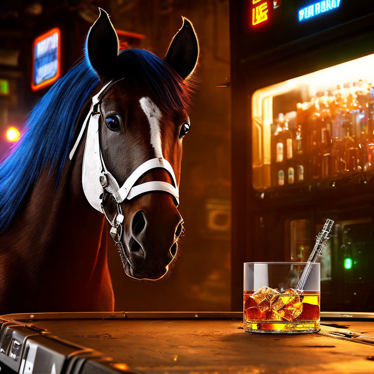 Blue-Maned Horse with Bridle at Bar with Whiskey Glass in Neon Setting