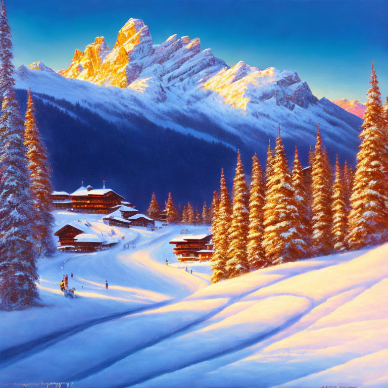 Snow-covered chalets, pine trees, and mountain backdrop in winter scene