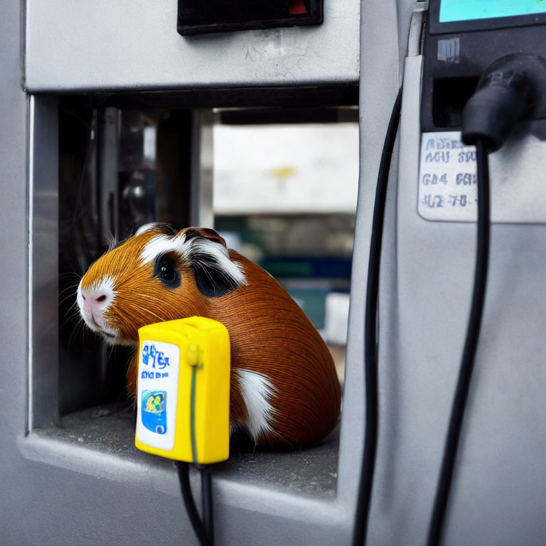 Guinea pig in gas pump station cubby with yellow fuel nozzle