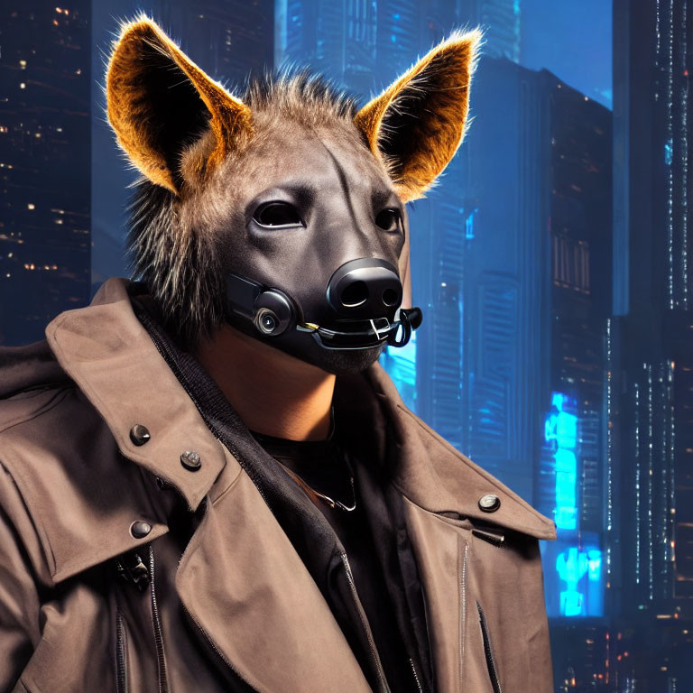 Person in Wolf Mask Stands Before Neon Cityscape at Night