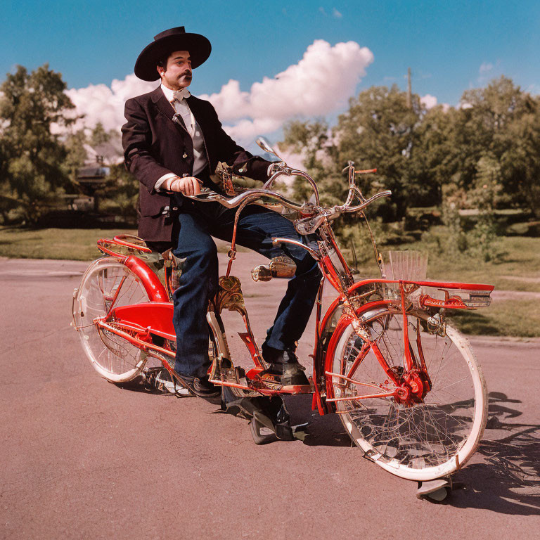 Vintage Attired Person Riding Whimsical Red Bicycle on Sunny Day