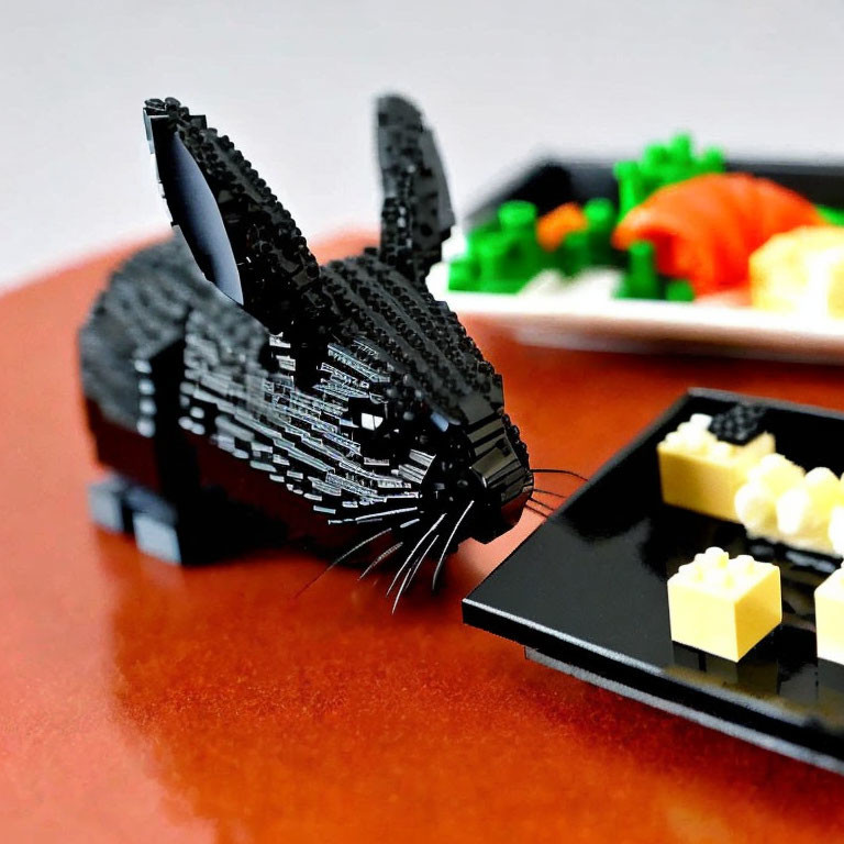 Intricate black LEGO cat sculpture with sushi platter on wooden surface