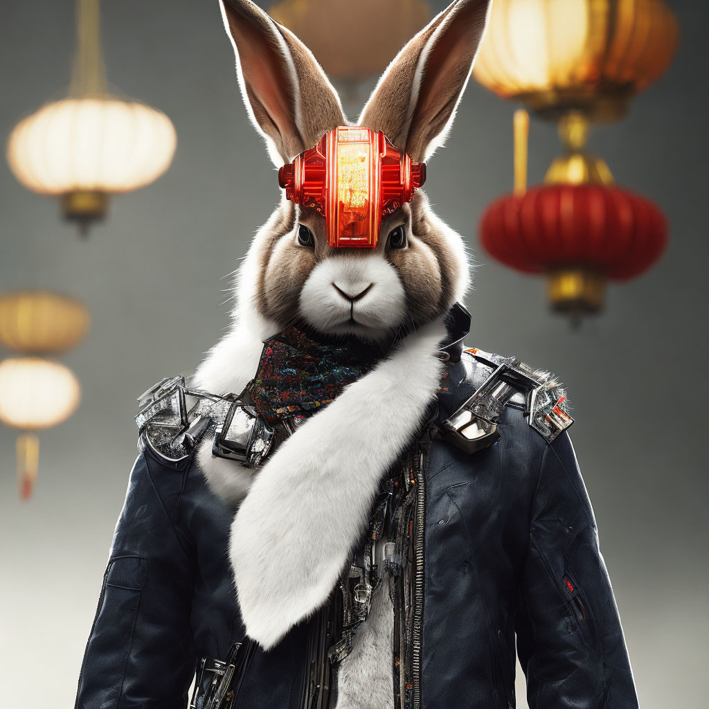 Stylized rabbit with futuristic visor and leather jacket in front of Chinese lantern backdrop