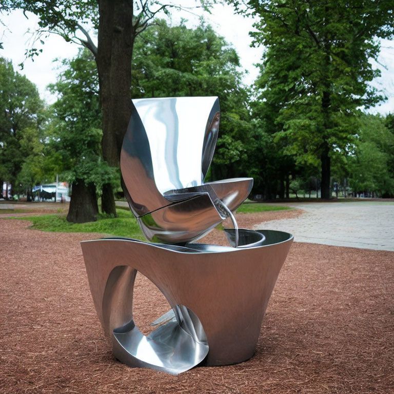 Metal sculpture of stacked cups with cascading water in park setting