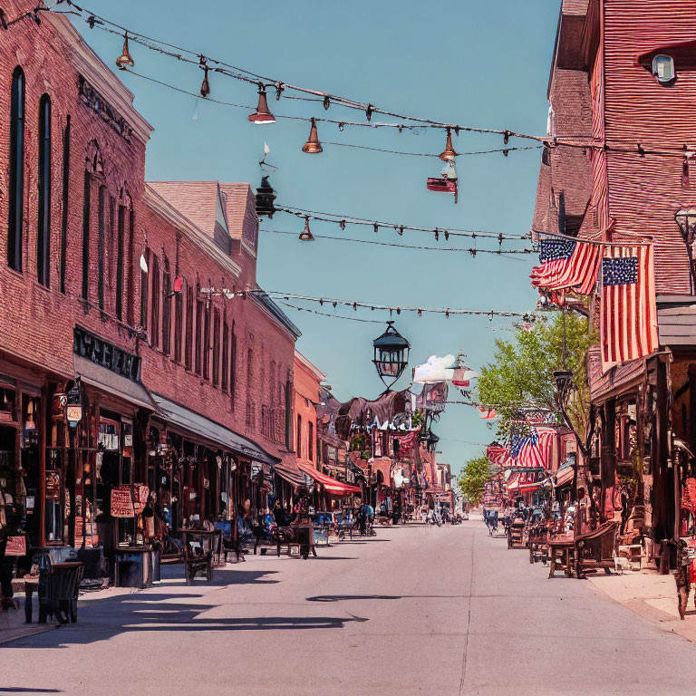 Brick buildings and American flags on quaint street under clear blue sky