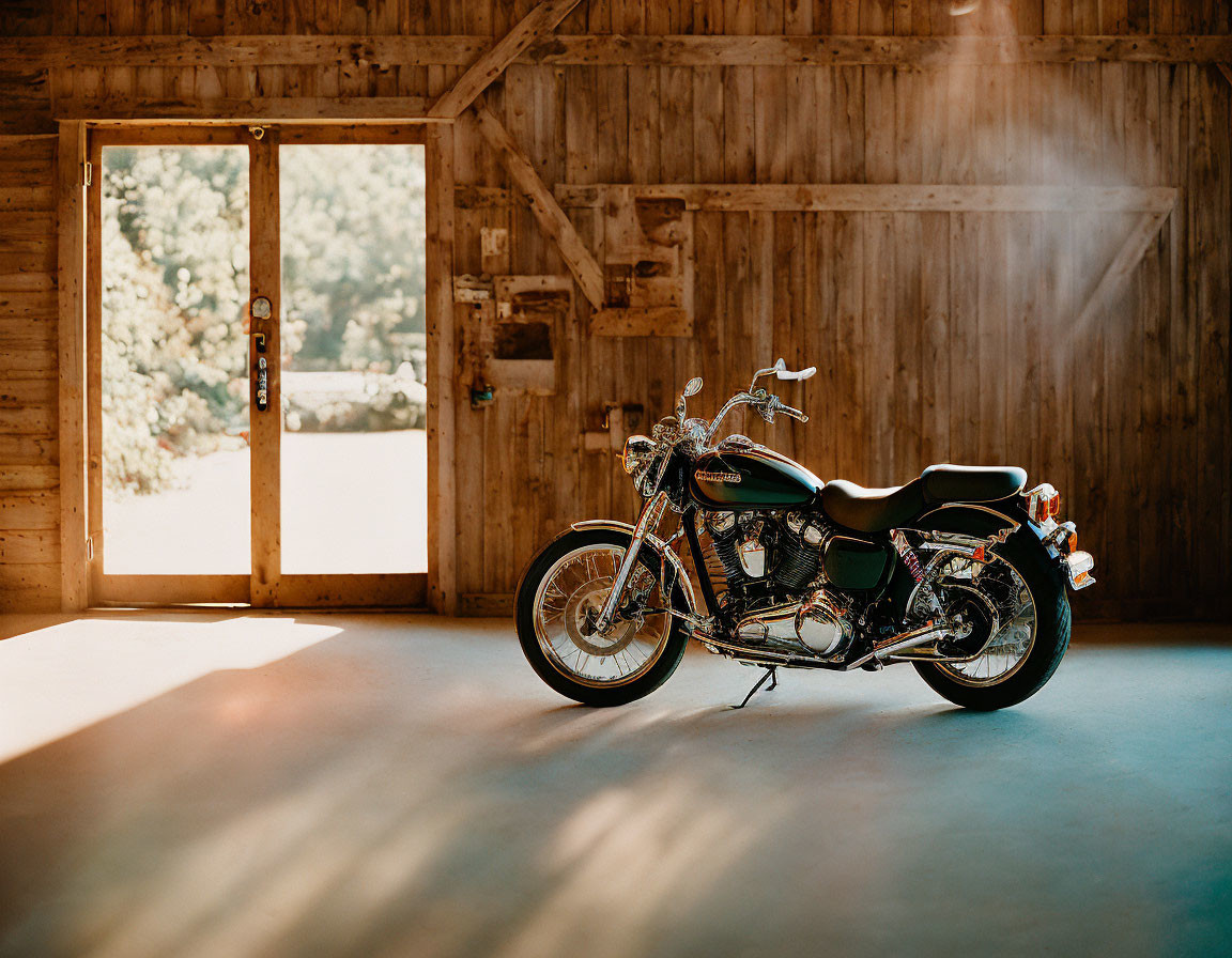 Sunlit wooden barn with motorcycle in center