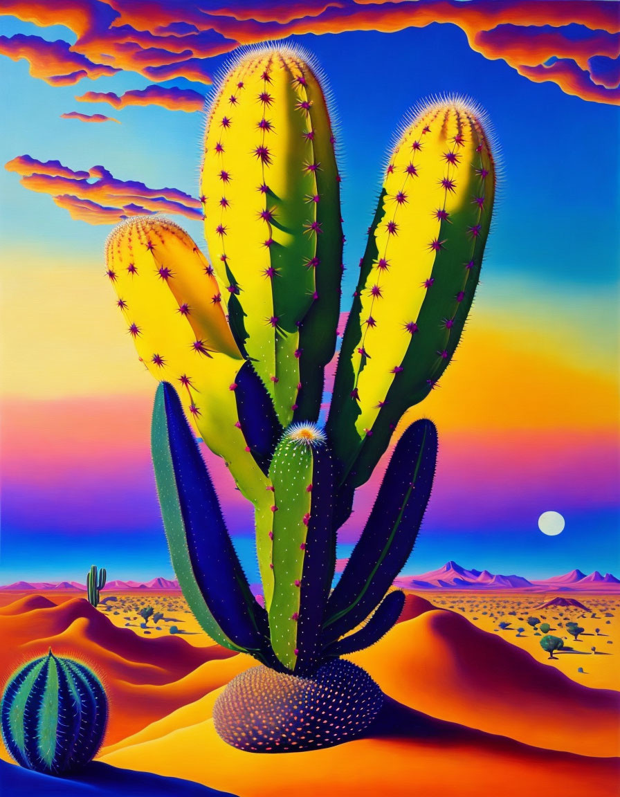 Colorful desert sunset painting with cacti and moon in sky