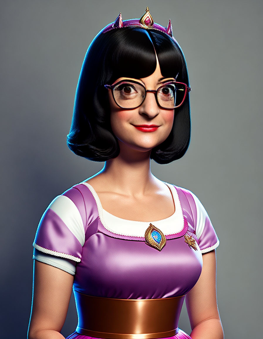 Stylized 3D illustration of woman in purple princess dress