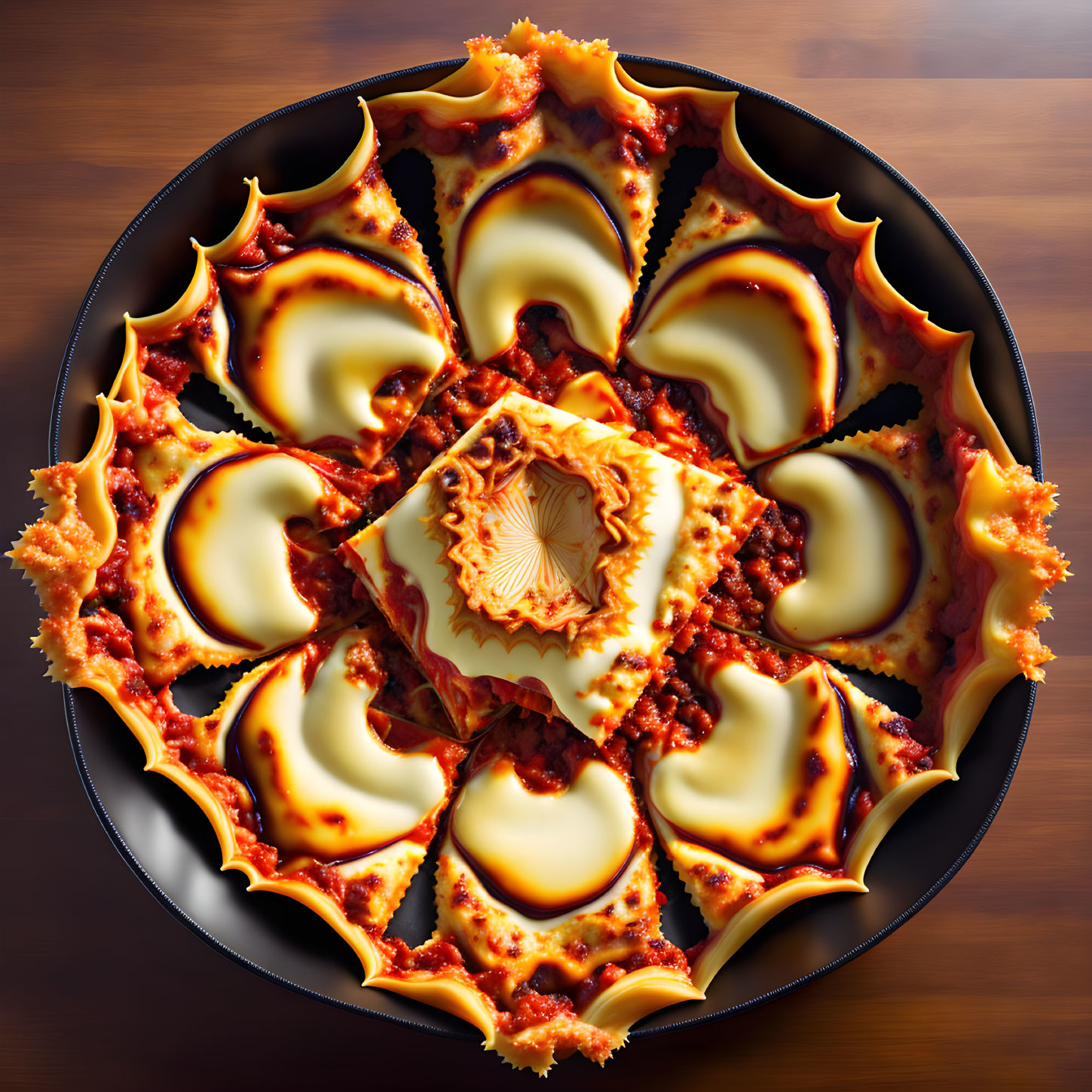 Circular Stuffed Pasta Dish with Meat and Cheese Sauce on Wooden Surface