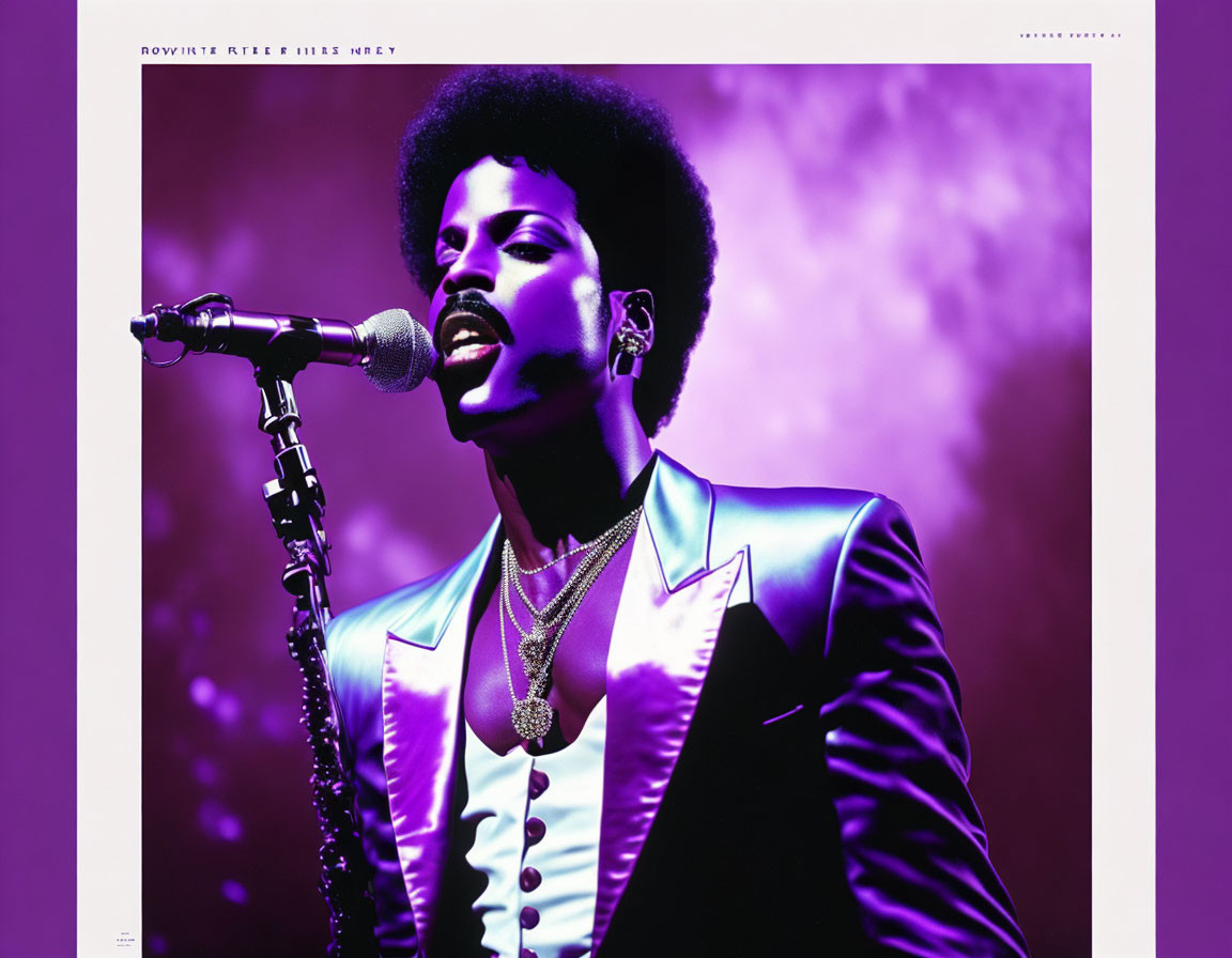 Person with Afro Hairstyle Singing in Dazzling Suit under Purple Stage Lighting