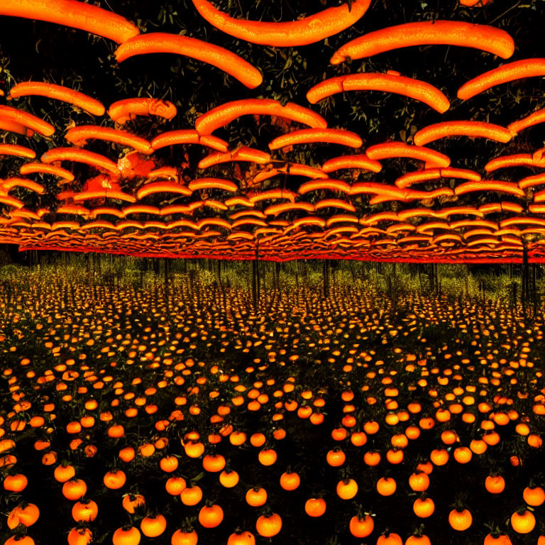 Vibrant pumpkin patch with numerous pumpkins in intense orange glow