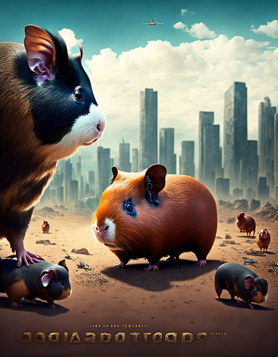 Giant guinea pigs in tiny cities under dramatic sky with airplane