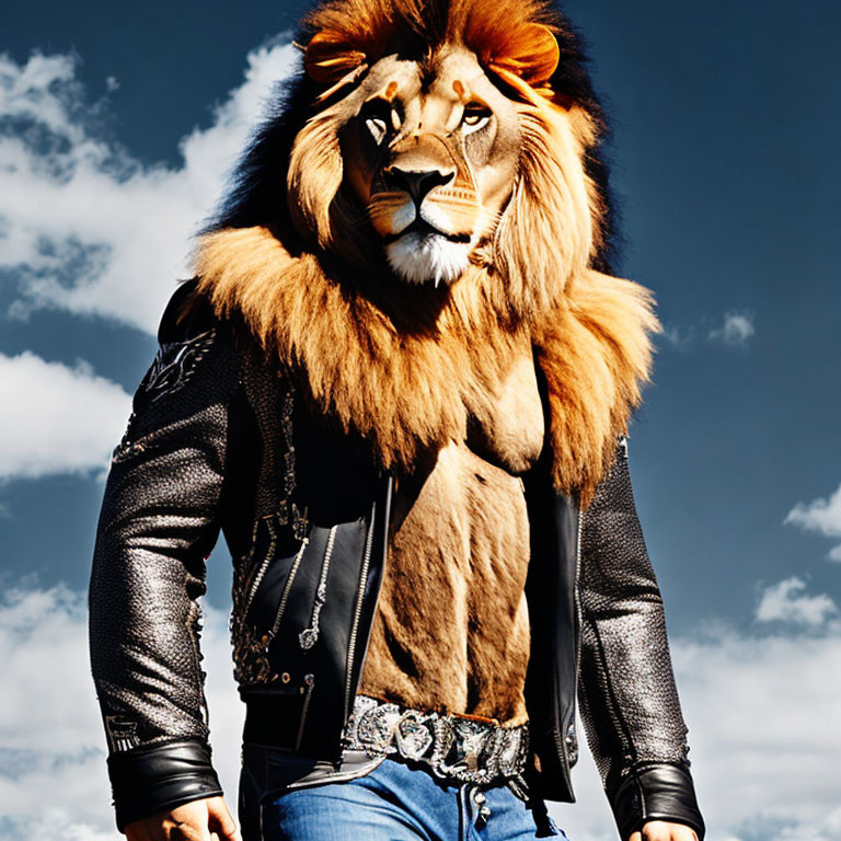 Person in Lion Mask with Leather Jacket and Jeans Against Cloudy Sky