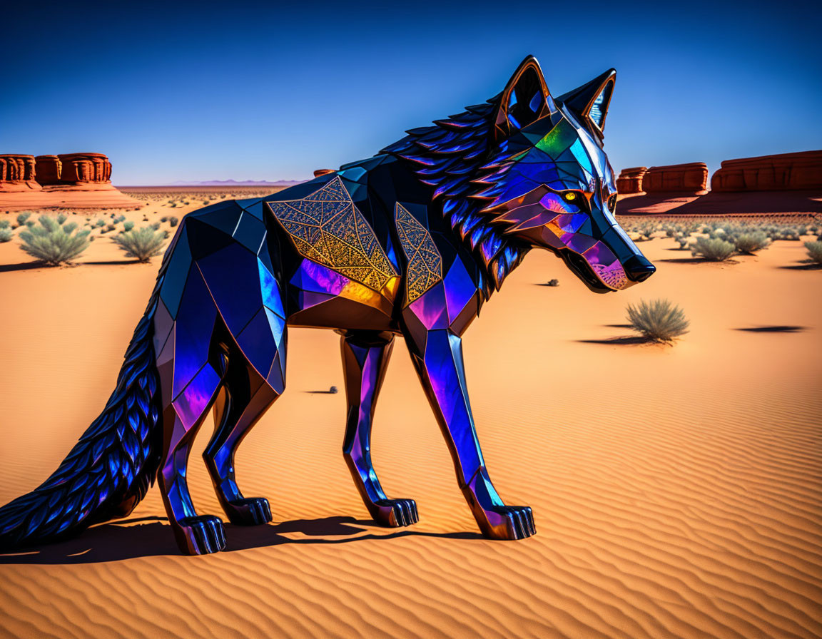 Vivid Geometric Wolf Sculpture in Colorful Desert Landscape