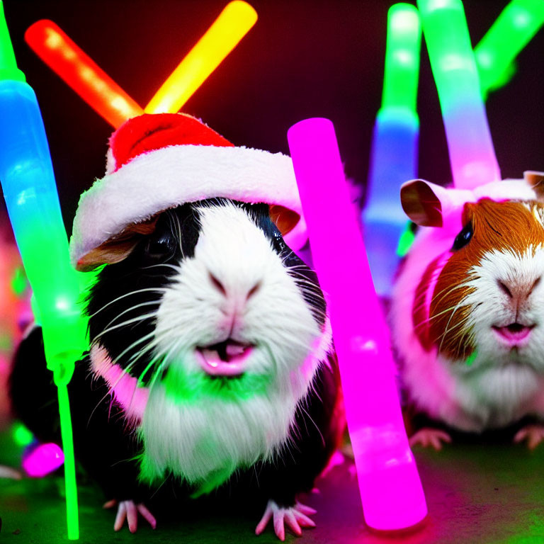 Two Guinea Pigs in Festive Setting with Santa Hat and Neon Sticks