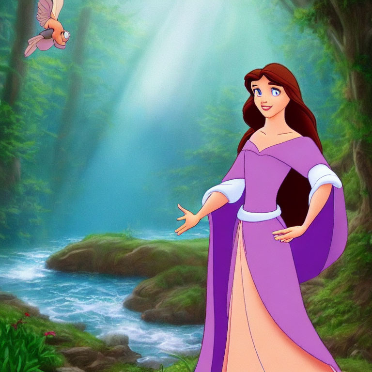 Animated princess with long brown hair reaching out to pink bird in sunny forest.