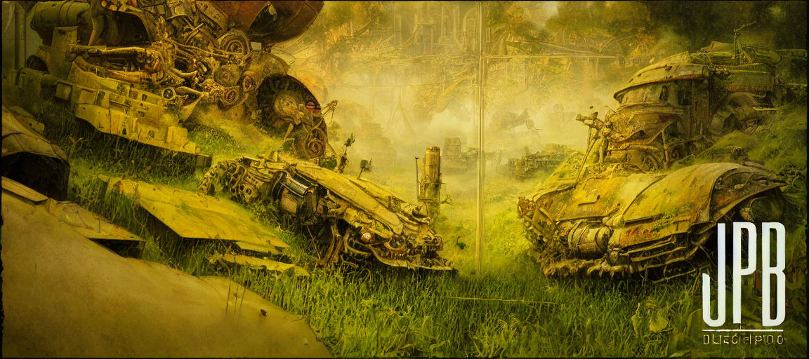 Abandoned rusting mechs in overgrown dystopian scene