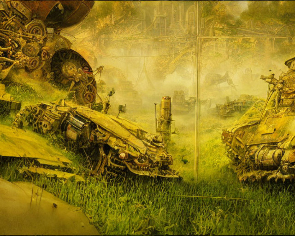 Abandoned rusting mechs in overgrown dystopian scene