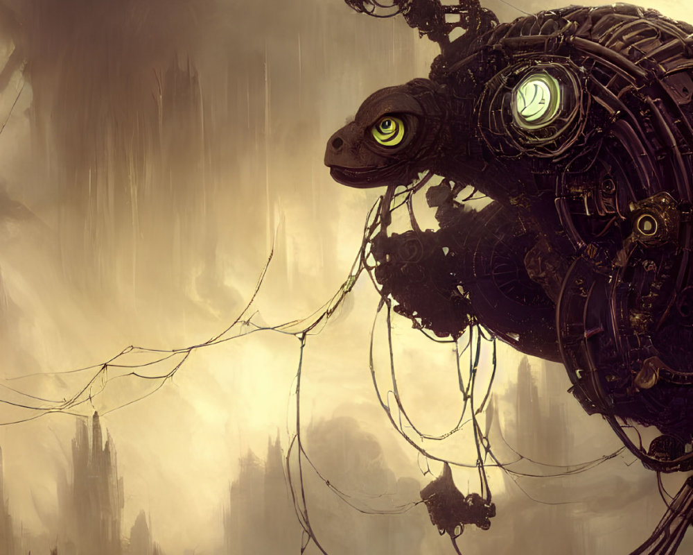 Glowing green-eyed mechanized creature in dystopian landscape