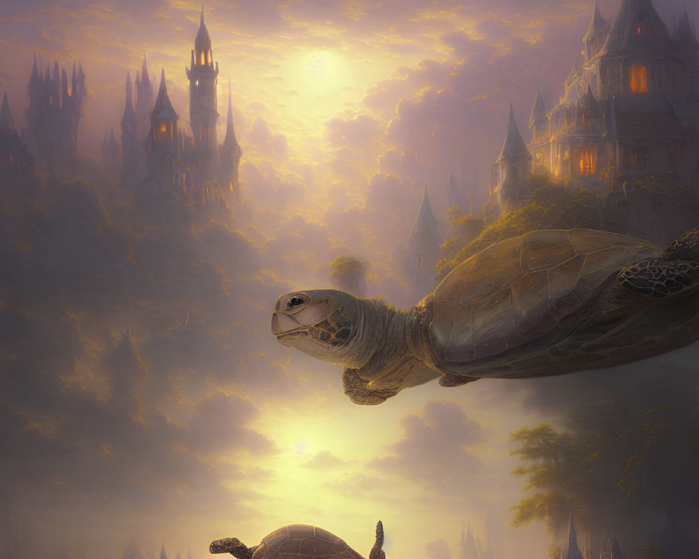 Giant flying turtles in misty forest with castles at sunset