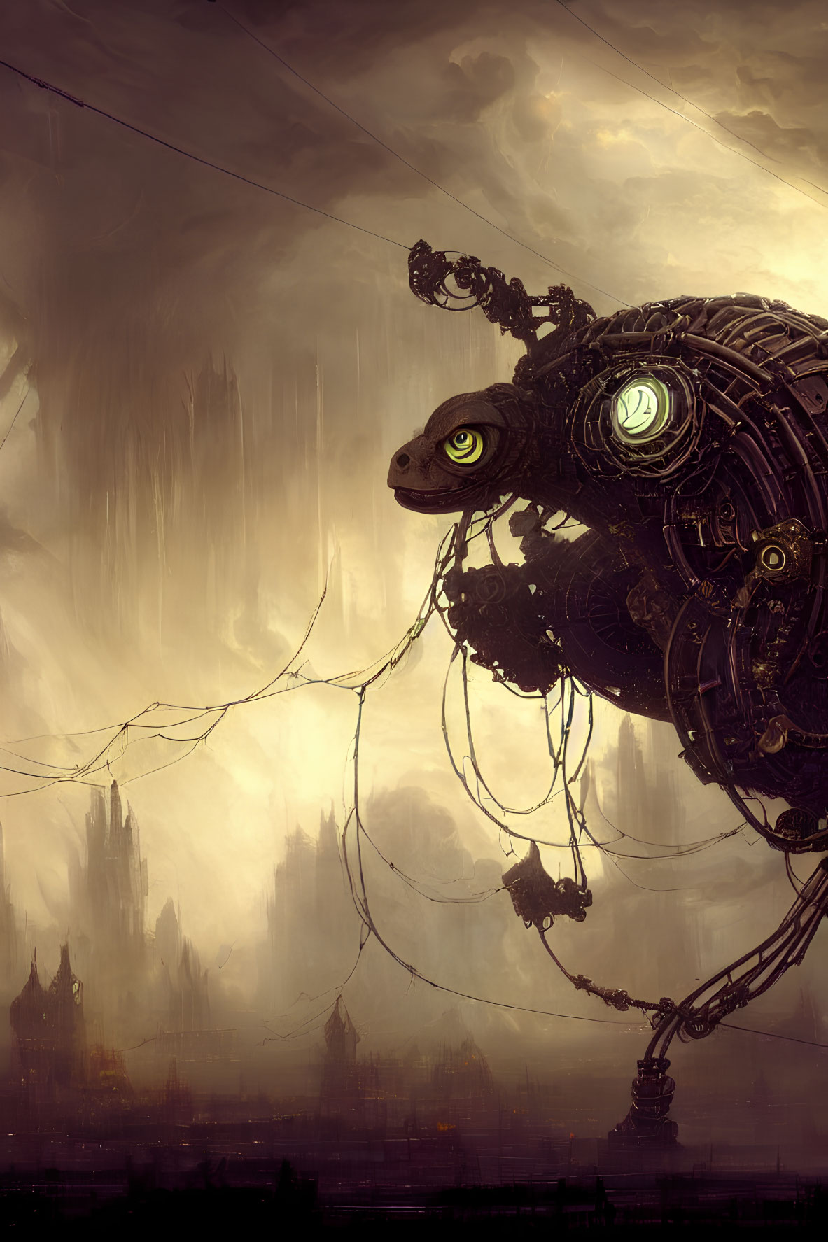 Glowing green-eyed mechanized creature in dystopian landscape