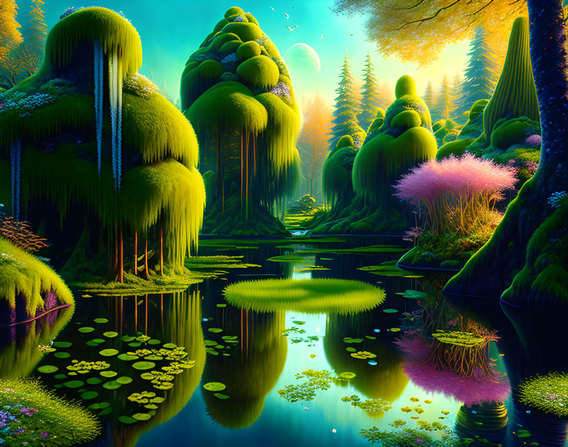 Fantasy landscape with lush greenery, waterfalls, and exotic flora