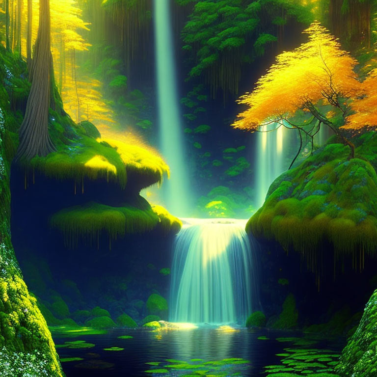 Enchanting forest waterfall with sunbeams, green moss, and serene pond