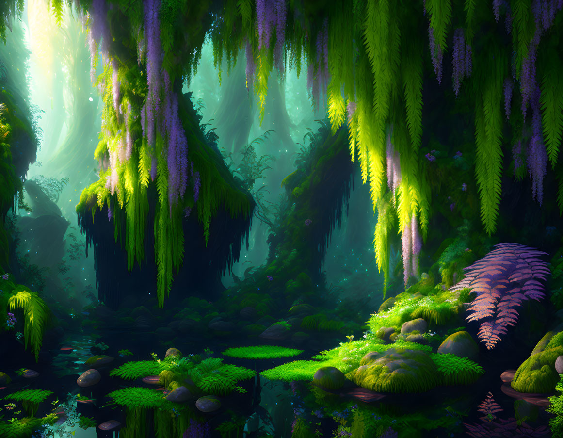 Ethereal forest scene with lush greenery, hanging mosses, serene pond, and sunrays