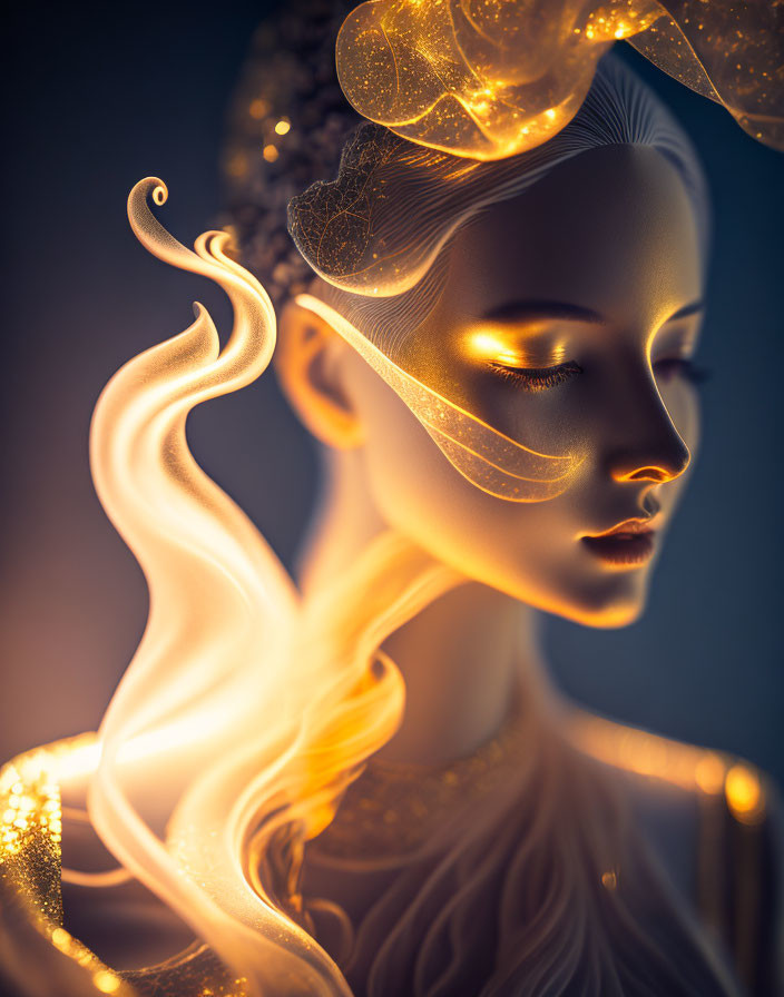 Ethereal portrait of a woman with glowing golden outline and swirling light.