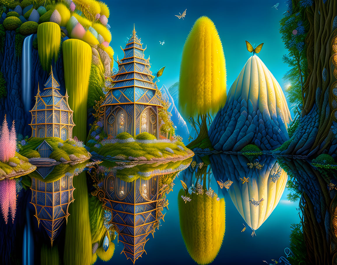 Fantasy landscape featuring ornate towers, waterfalls, vibrant flora, reflective water, butterflies, and