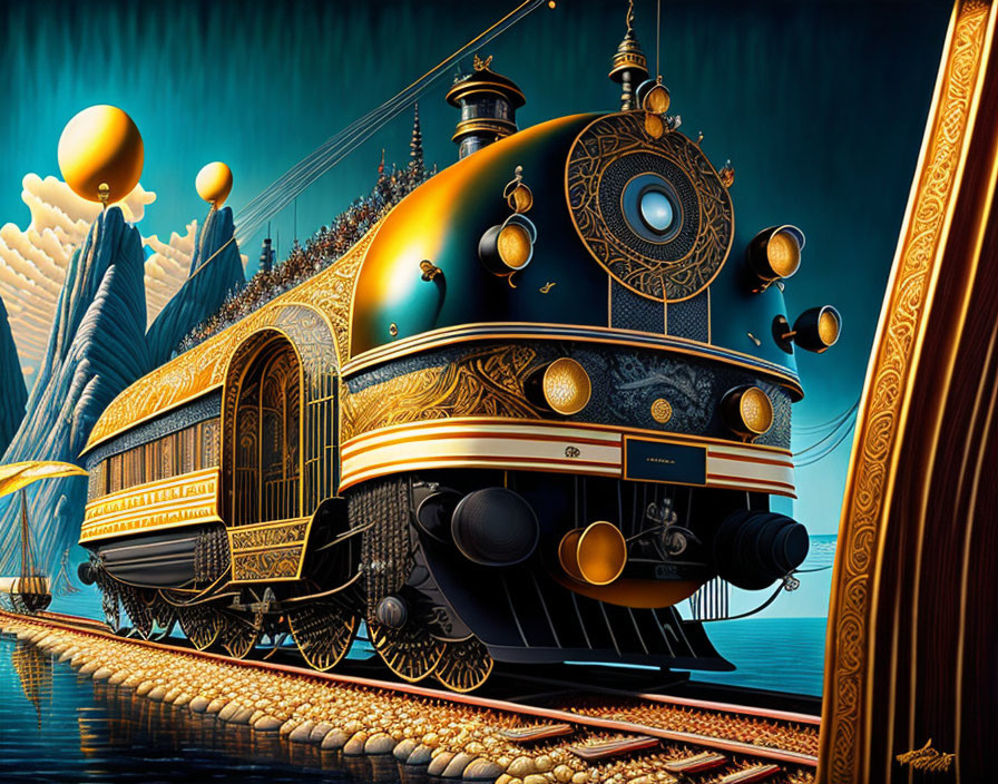 Ornate steam locomotive with gold accents on surreal landscape