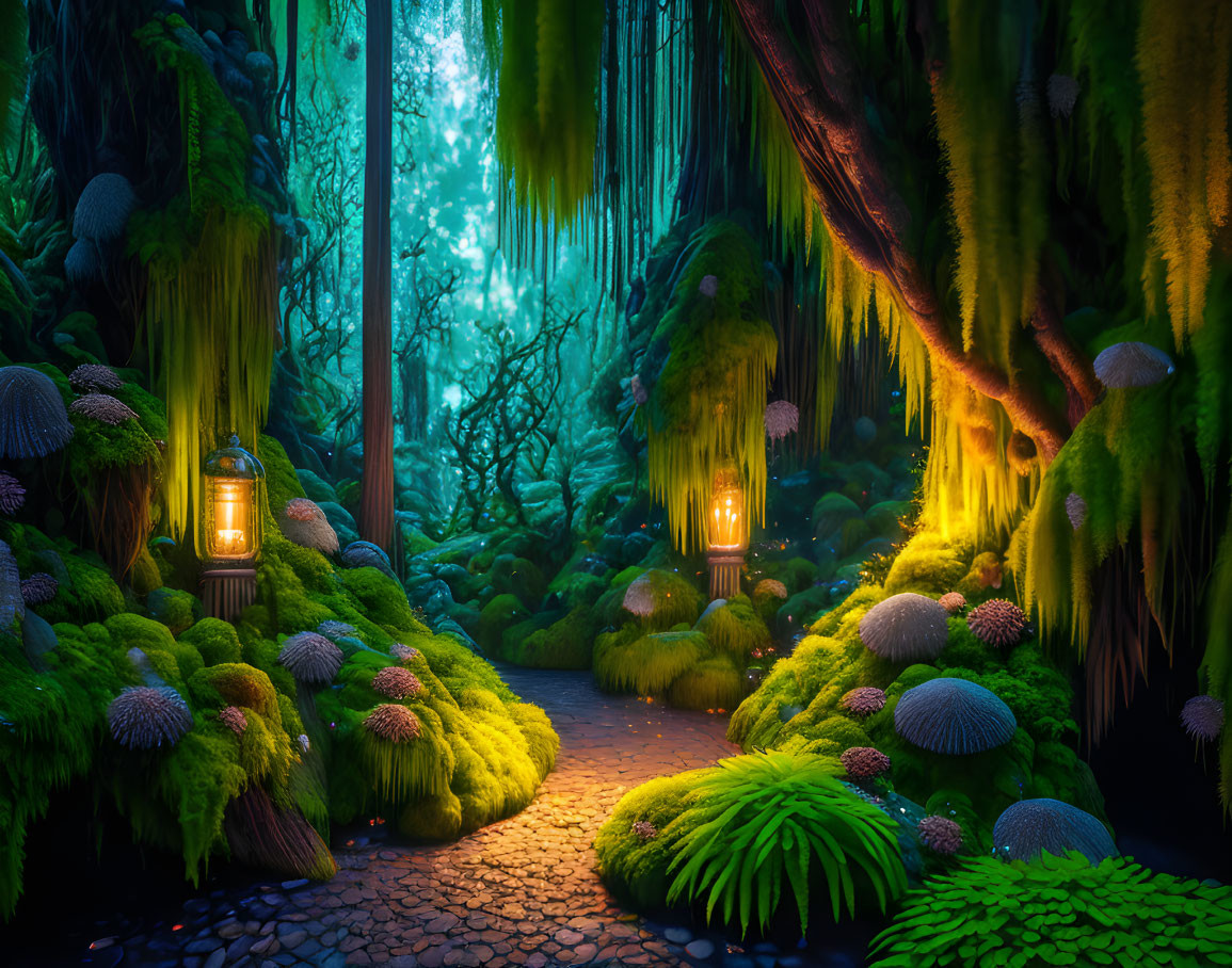 Mystical forest pathway with moss-covered stones and glowing lanterns