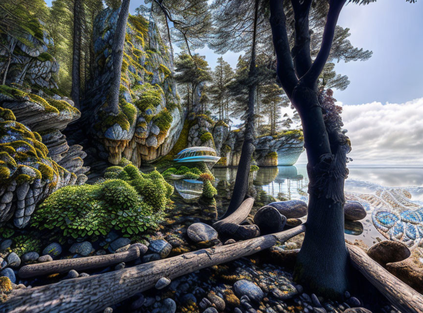 Tranquil forest bay with clear waters, lush greenery, mossy rocks, and a boat