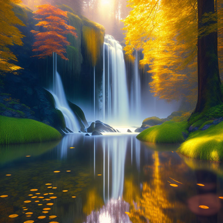 Tranquil autumn waterfall scene with golden trees and sunlight reflections