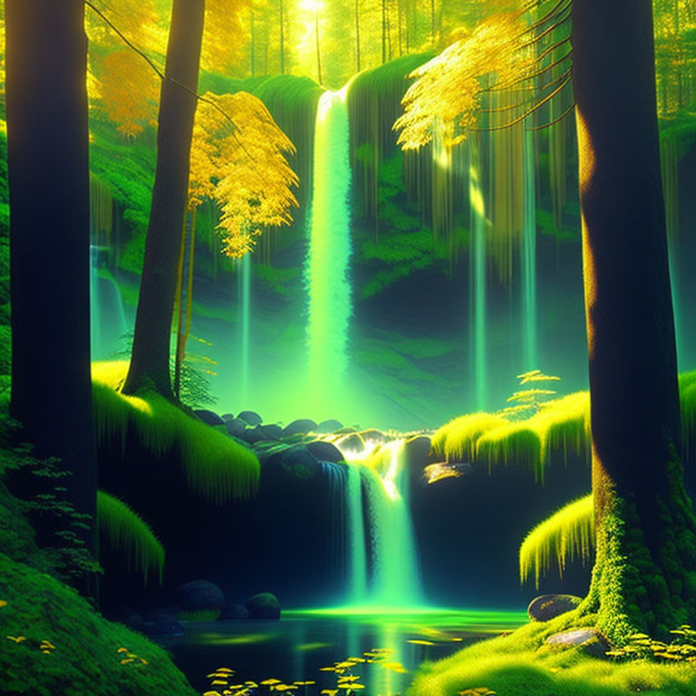 Enchanting forest scene with waterfall and moss-covered rocks