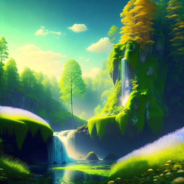 Vibrant fantasy landscape with lush greenery and waterfalls