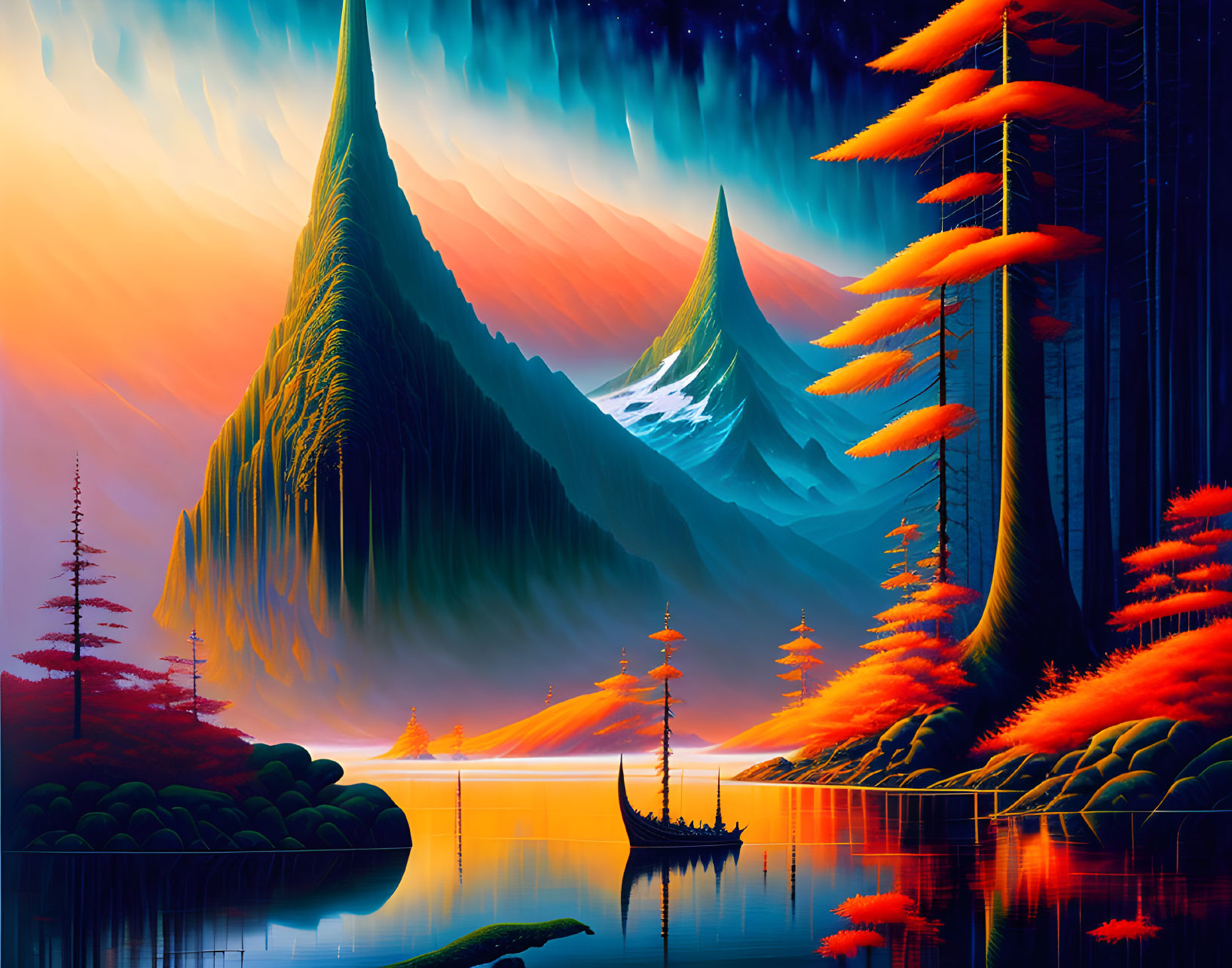 Digital Art: Surreal Landscape with Neon Foliage and Mountains