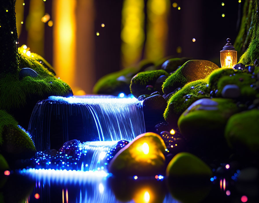 Glowing waterfall in mystical woodland at night