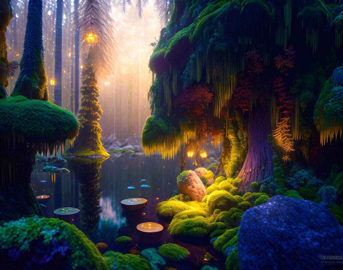 Mystical forest with green moss, sunlight, and serene water