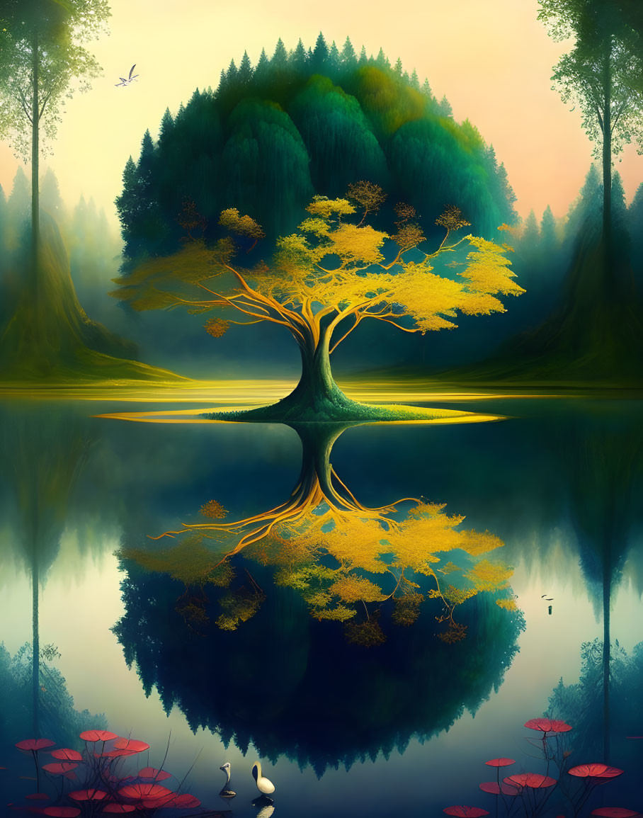 Vibrant yellow tree reflected in tranquil lake amidst lush greenery