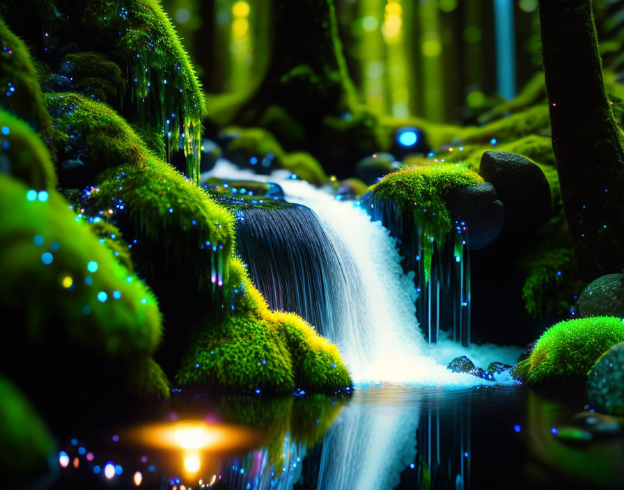 Enchanting forest stream with glowing blue lights and waterfall